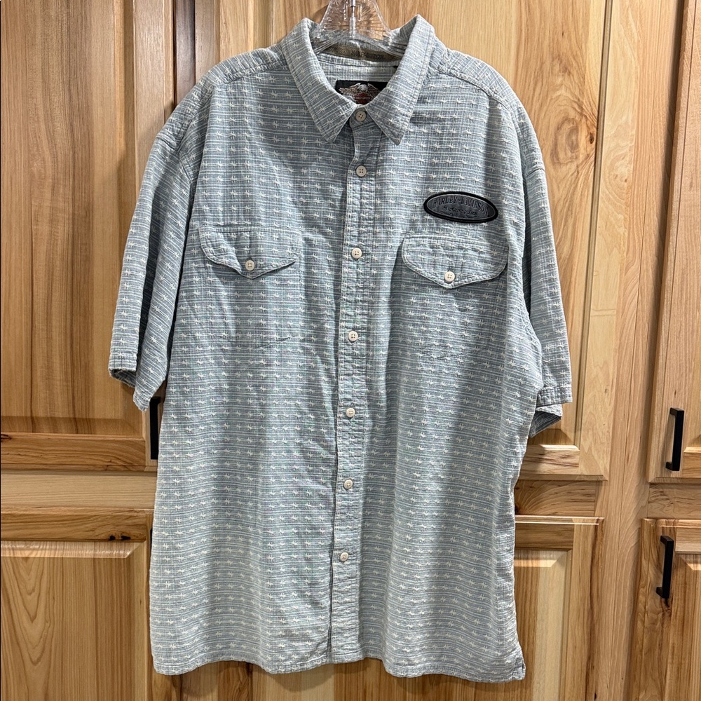 Lt Blue White Vintage Harley Davidson Short Sleeve Button Barbed Wire Shirt SzXL